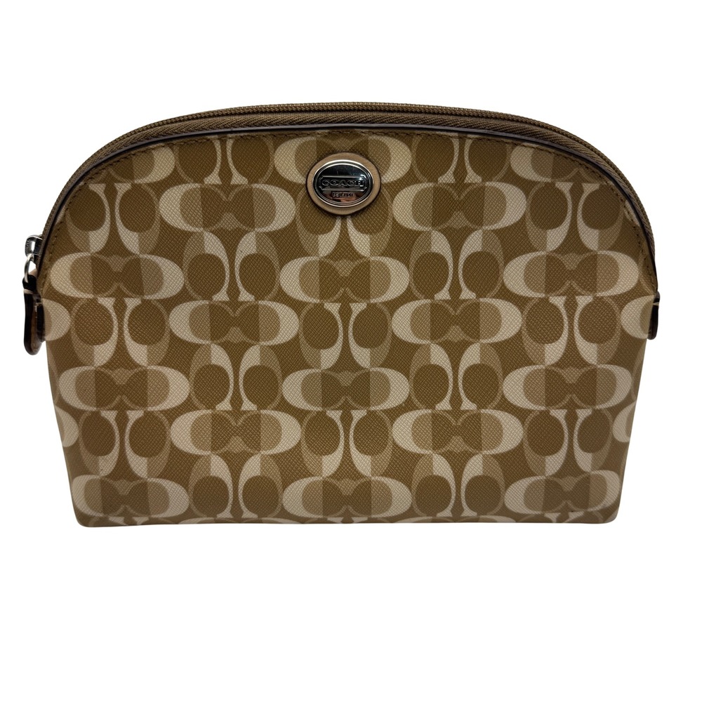 Coach Signature C Monogram Cosmetic Pouch Makeup Bag Tan Cream
